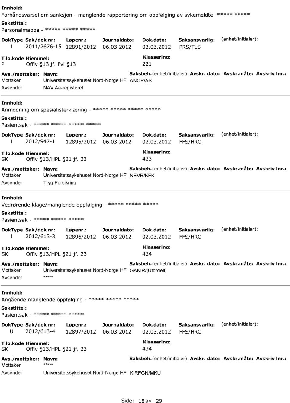 : Mottaker niversitetssykehuset Nord-Norge HF ANO/AS NAV Aa-registeret Anmodning om spesialisterklæring - ***** ***** ***** ***** asientsak - ***** ***** ***** ***** 2012/947-1 12895/2012 02.03.