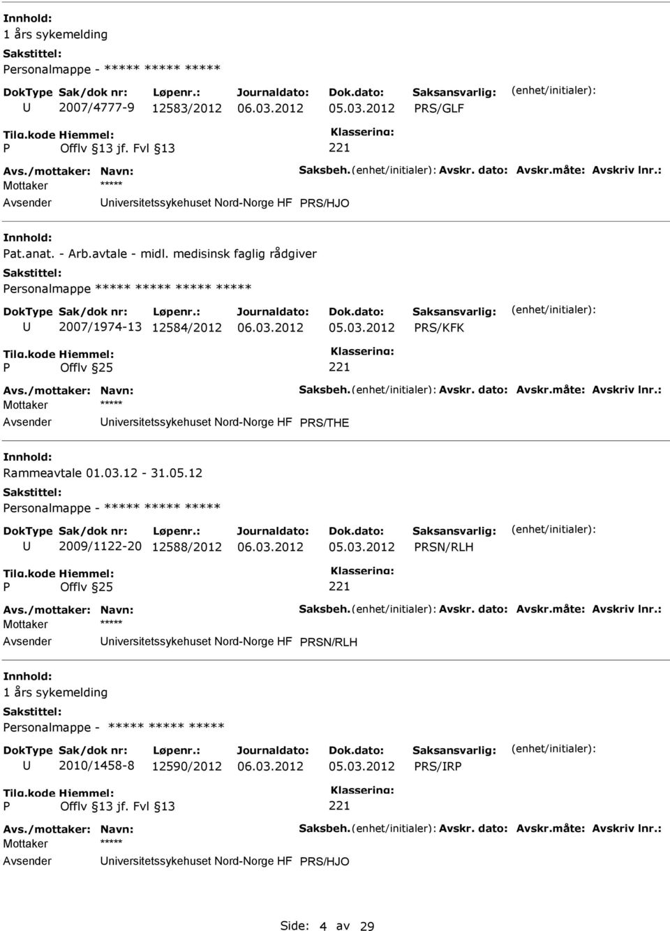 : niversitetssykehuset Nord-Norge HF RS/THE Rammeavtale 01.03.12-31.05.12 ersonalmappe - ***** ***** ***** 2009/1122-20 12588/2012 RSN/RLH Avs./mottaker: Navn: Saksbeh. Avskr. dato: Avskr.