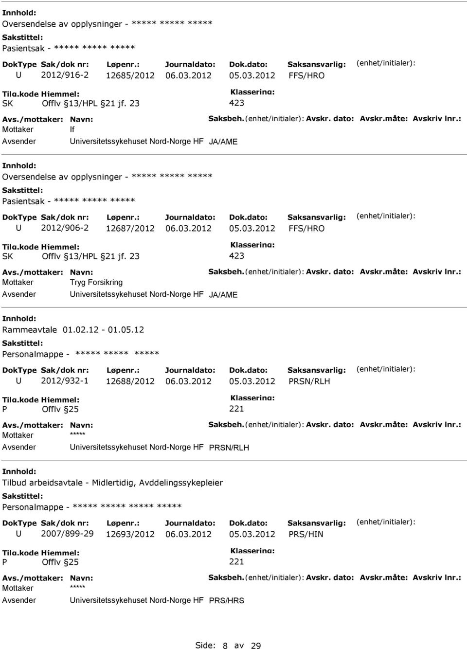 23 423 Avs./mottaker: Navn: Saksbeh. Avskr. dato: Avskr.måte: Avskriv lnr.: Mottaker Tryg Forsikring niversitetssykehuset Nord-Norge HF JA/AME Rammeavtale 01.02.12-01.05.