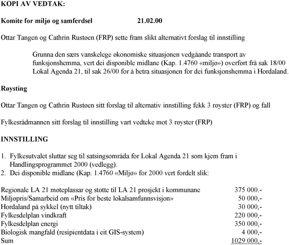 dei disponible midlane (Kap. 1.4760 «miljø») overført frå sak 18/00 Lokal Agenda 21, til sak 26/00 for å betra situasjonen for dei funksjonshemma i Hordaland.