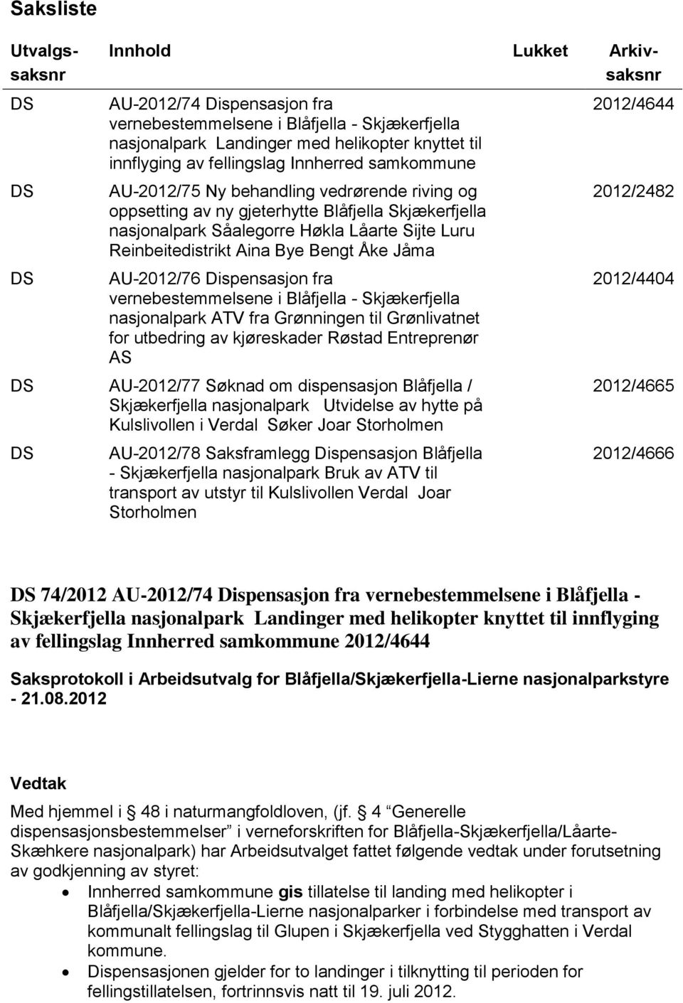 Aina Bye Bengt Åke Jåma AU-2012/76 Dispensasjon fra vernebestemmelsene i Blåfjella - Skjækerfjella nasjonalpark ATV fra Grønningen til Grønlivatnet for utbedring av kjøreskader Røstad Entreprenør AS