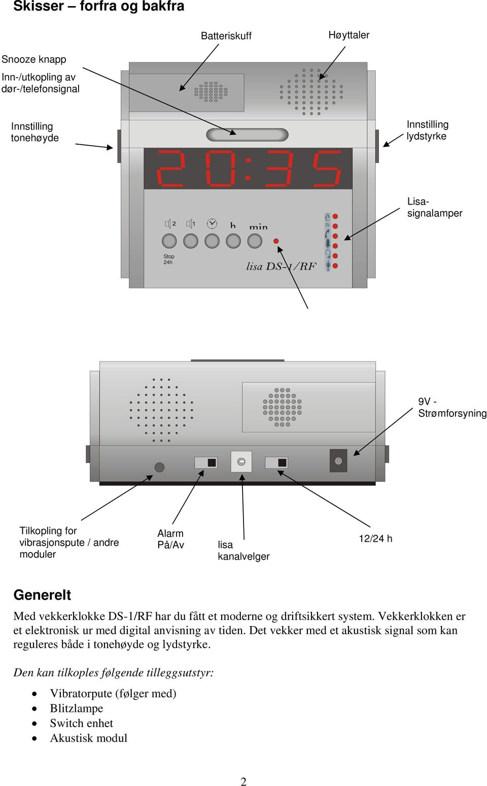 DS-1/RF har du fått et moderne og driftsikkert system. Vekkerklokken er et elektronisk ur med digital anvisning av tiden.