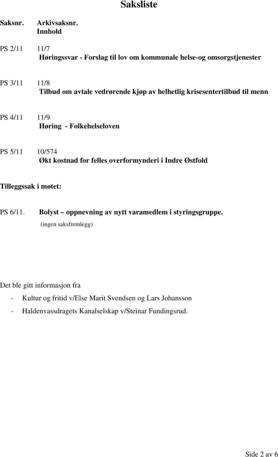 helhetlig krisesentertilbud til menn PS 4/11 11/9 Høring - Folkehelseloven PS 5/11 10/574 Økt kostnad for felles overformynderi i Indre Østfold