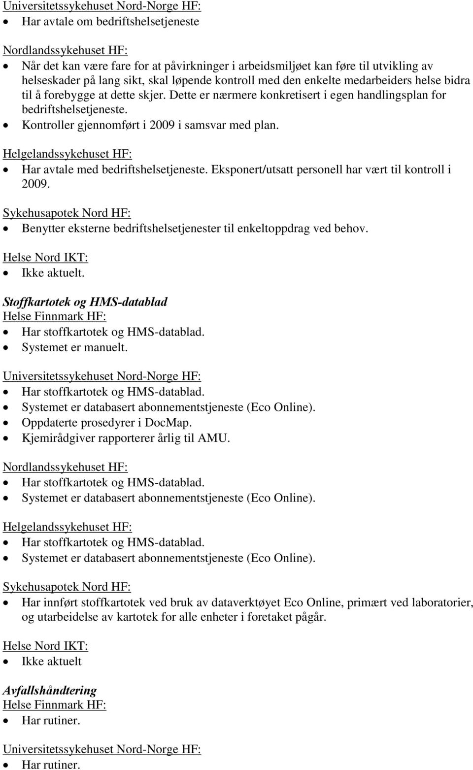 Kontroller gjennomført i 2009 i samsvar med plan. Har avtale med bedriftshelsetjeneste. Eksponert/utsatt personell har vært til kontroll i 2009.