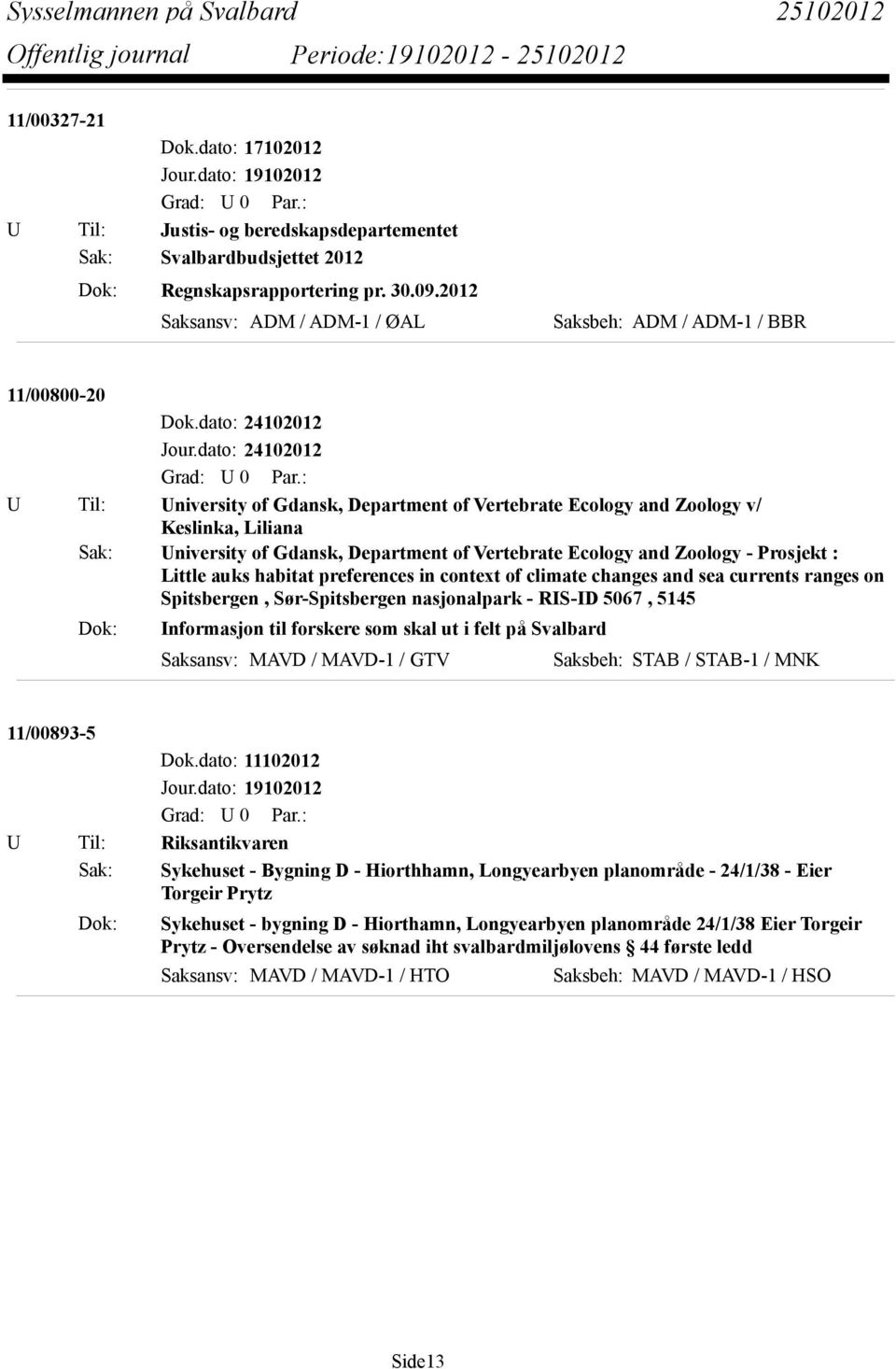 dato: 24102012 U Til: University of Gdansk, Department of Vertebrate Ecology and Zoology v/ Keslinka, Liliana Sak: University of Gdansk, Department of Vertebrate Ecology and Zoology - Prosjekt :