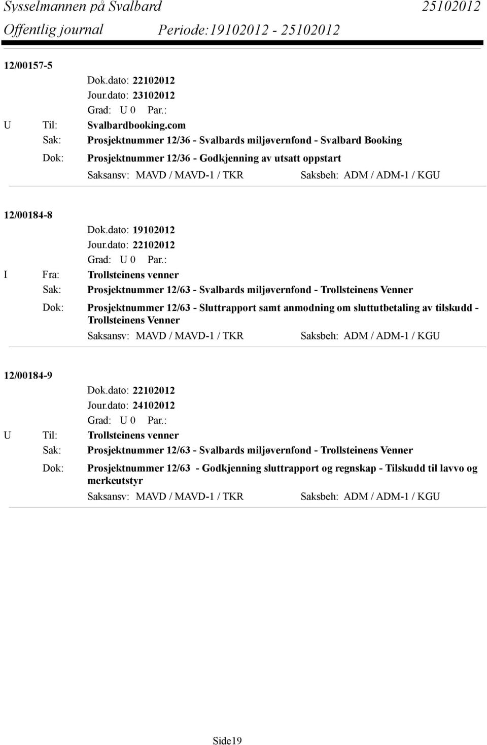 12/00184-8 I Fra: Trollsteinens venner Sak: Prosjektnummer 12/63 - Svalbards miljøvernfond - Trollsteinens Venner Dok: Prosjektnummer 12/63 - Sluttrapport samt anmodning om sluttutbetaling av