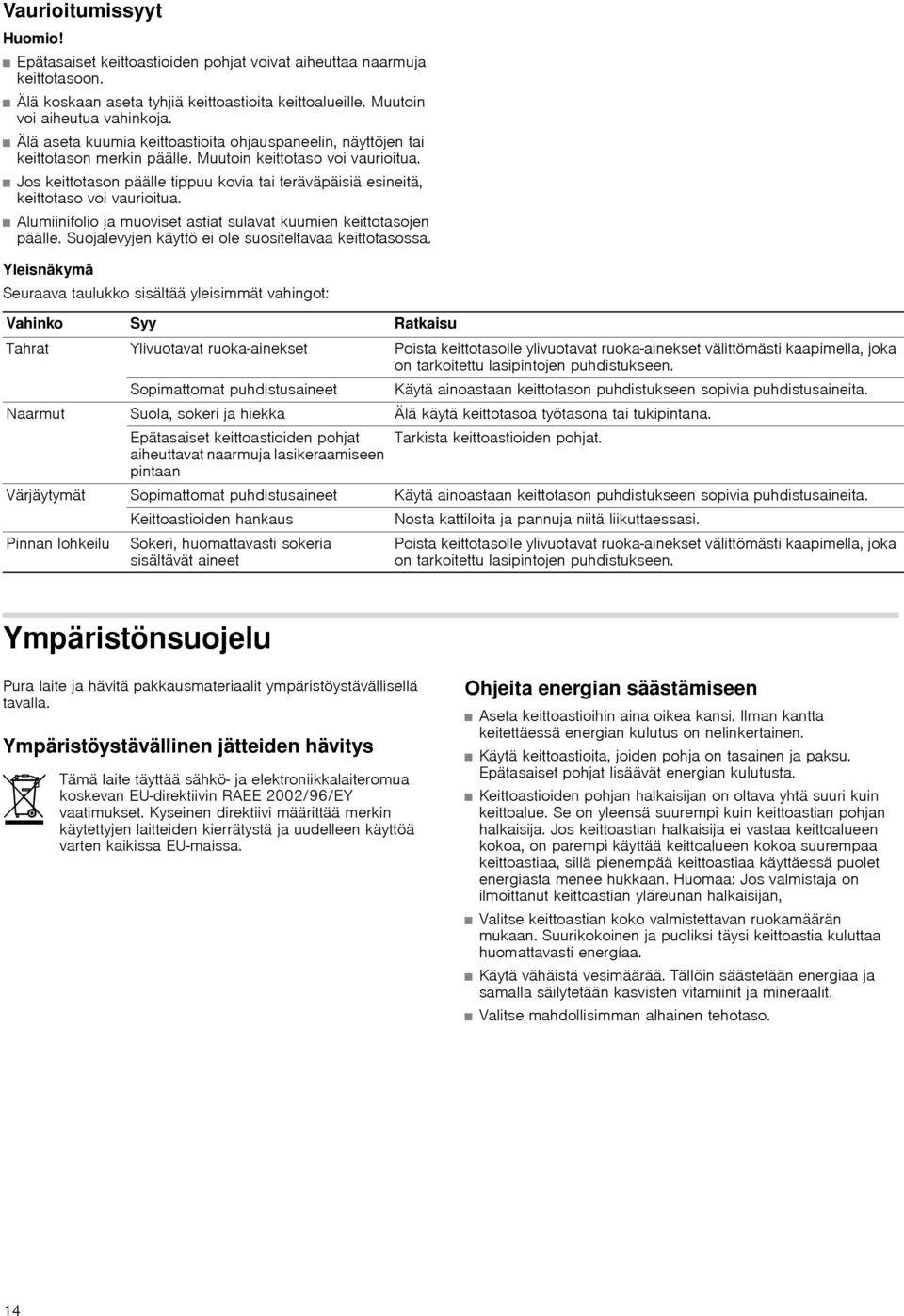 Jos keittotason päälle tippuu kovia tai teräväpäisiä esineitä, keittotaso voi vaurioitua. Alumiinifolio ja muoviset astiat sulavat kuumien keittotasojen päälle.