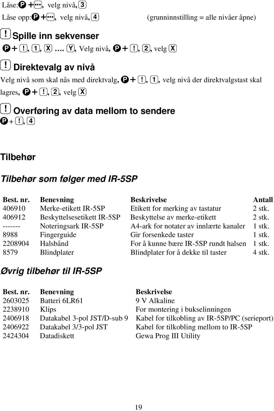 , 4 Tilbehør Tilbehør som følger med IR-5SP Best. nr. Benevning Beskrivelse Antall 406910 Merke-etikett IR-5SP Etikett for merking av tastatur 2 stk.