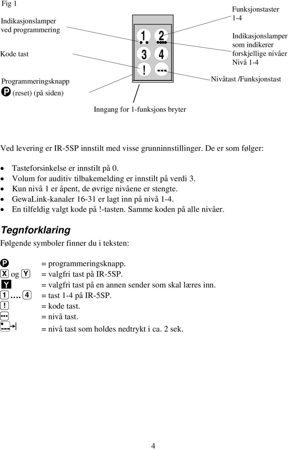 Volum for auditiv tilbakemelding er innstilt på verdi 3. Kun nivå 1 er åpent, de øvrige nivåene er stengte. GewaLink-kanaler 16-31 er lagt inn på nivå 1-4. En tilfeldig valgt kode på!-tasten.