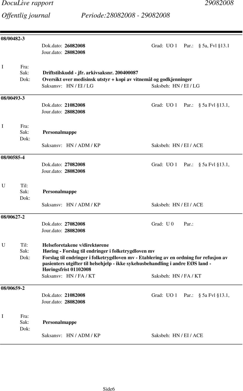 1, Saksbeh: HN / E / ACE 08/00585-4 Dok.dato: 27082008 Grad: UO 1 Par.: 5a Fvl 13.1, U Til: Saksbeh: HN / E / ACE 08/00627-2 Dok.dato: 27082008 Grad: U 0 Par.