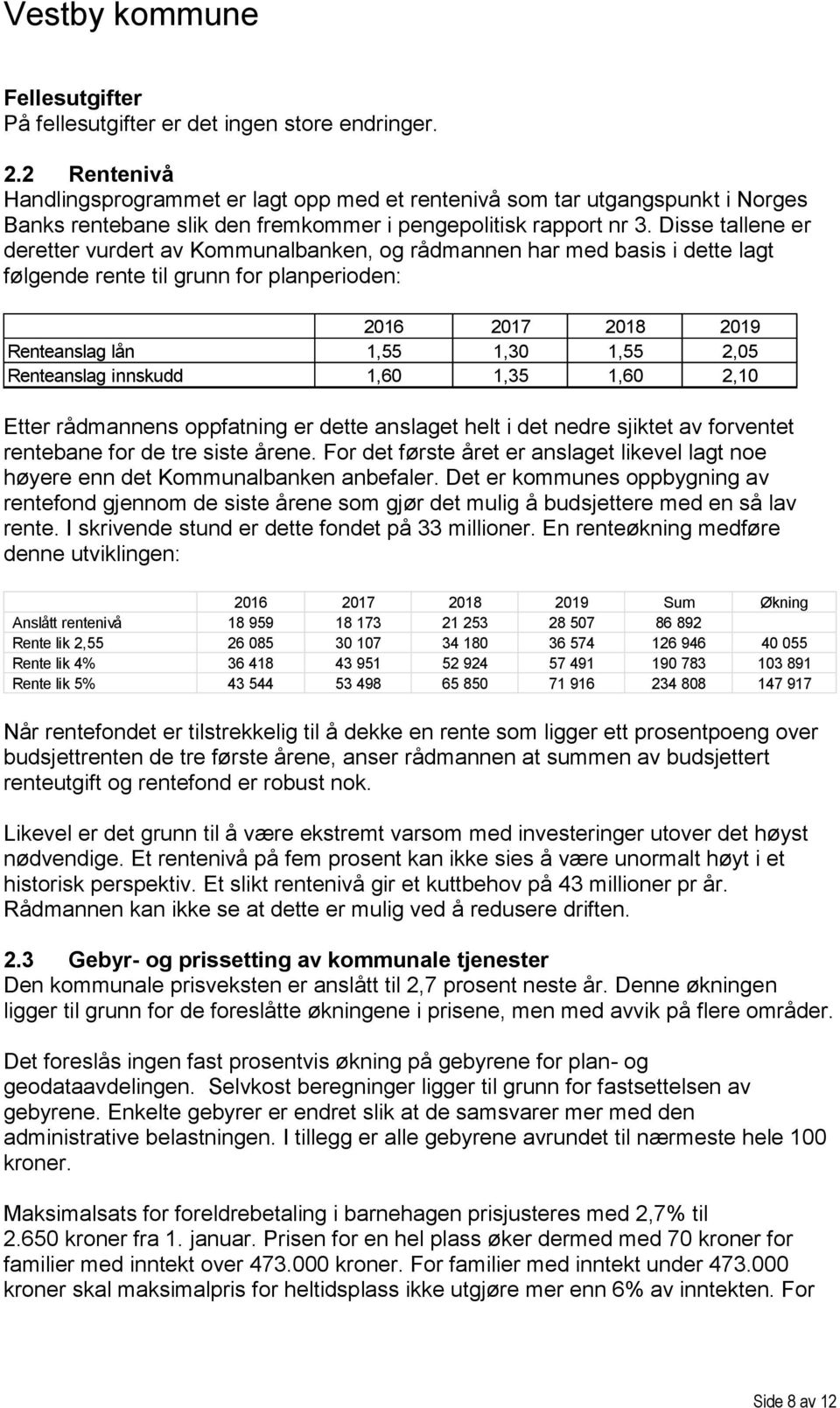 Disse tallene er deretter vurdert av Kommunalbanken, og rådmannen har med basis i dette lagt følgende rente til grunn for planperioden: 2016 2017 2018 2019 Renteanslag lån 1,55 1,30 1,55 2,05