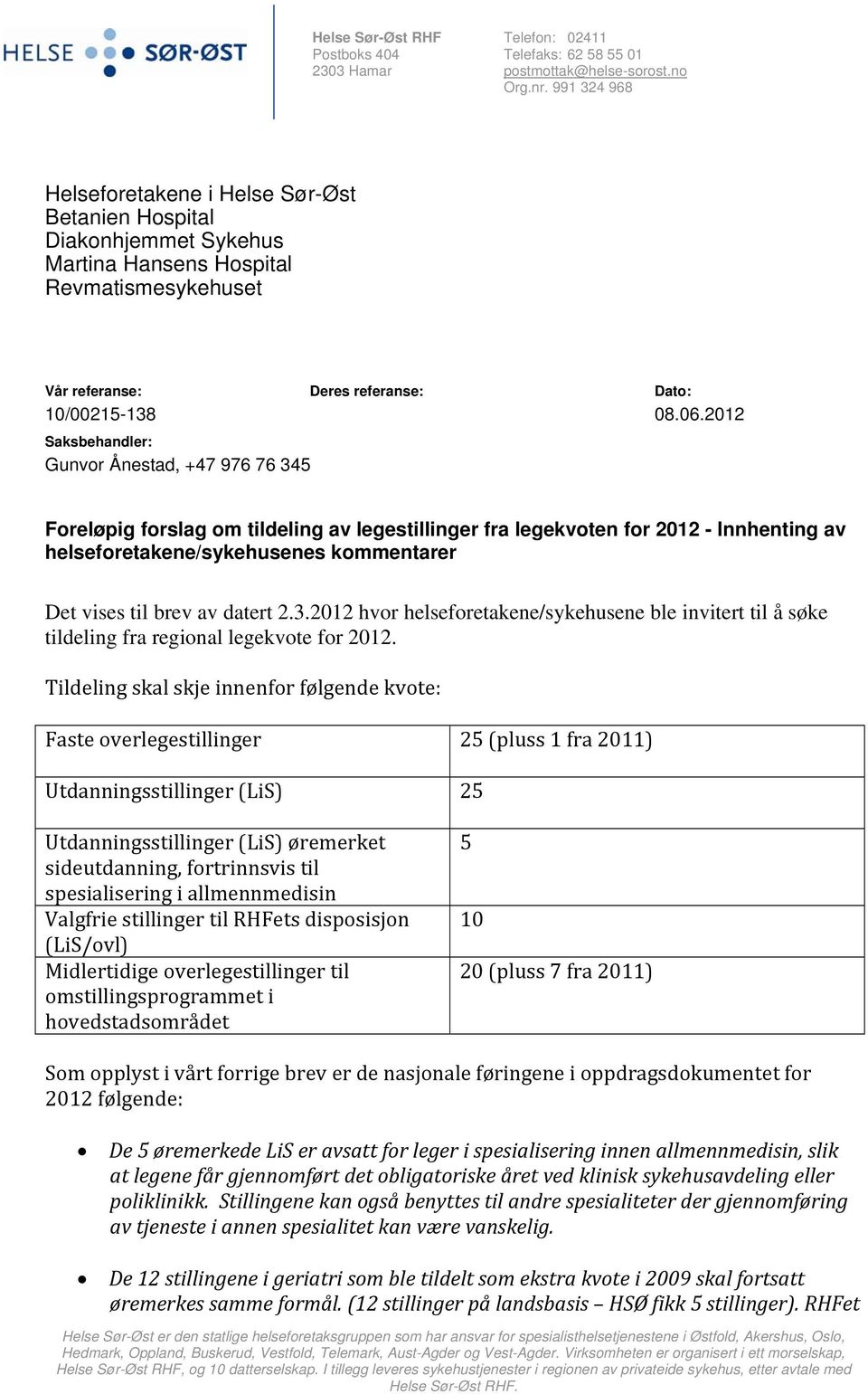 2012 Saksbehandler: Gunvor Ånestad, +47 976 76 345 Foreløpig forslag om tildeling av legestillinger fra legekvoten for 2012 - Innhenting av helseforetakene/sykehusenes kommentarer Det vises til brev