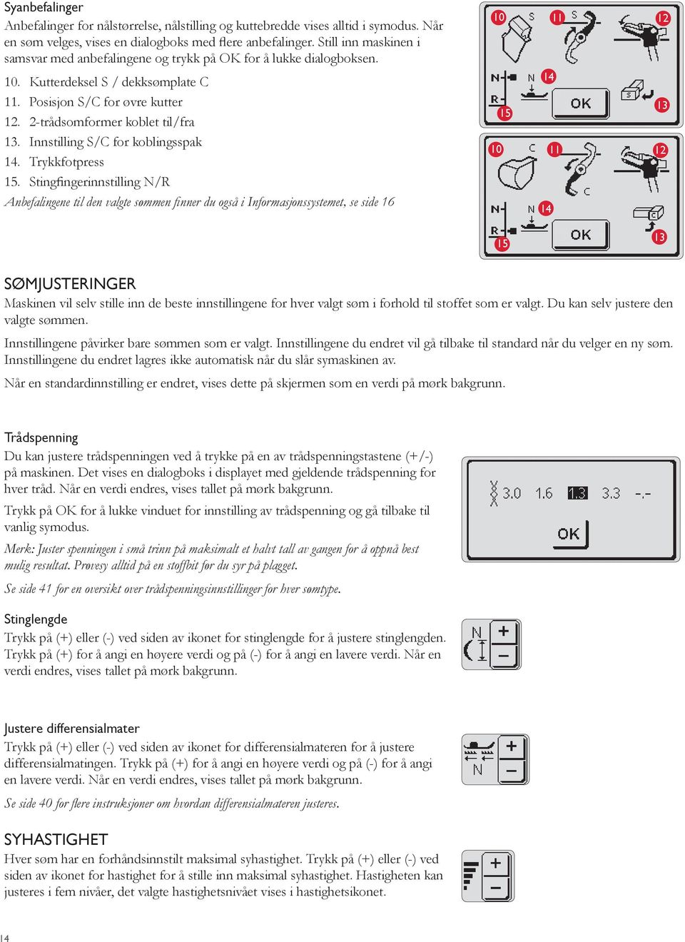 Innstilling S/C for koblingsspak 14. Trykkfotpress 15.