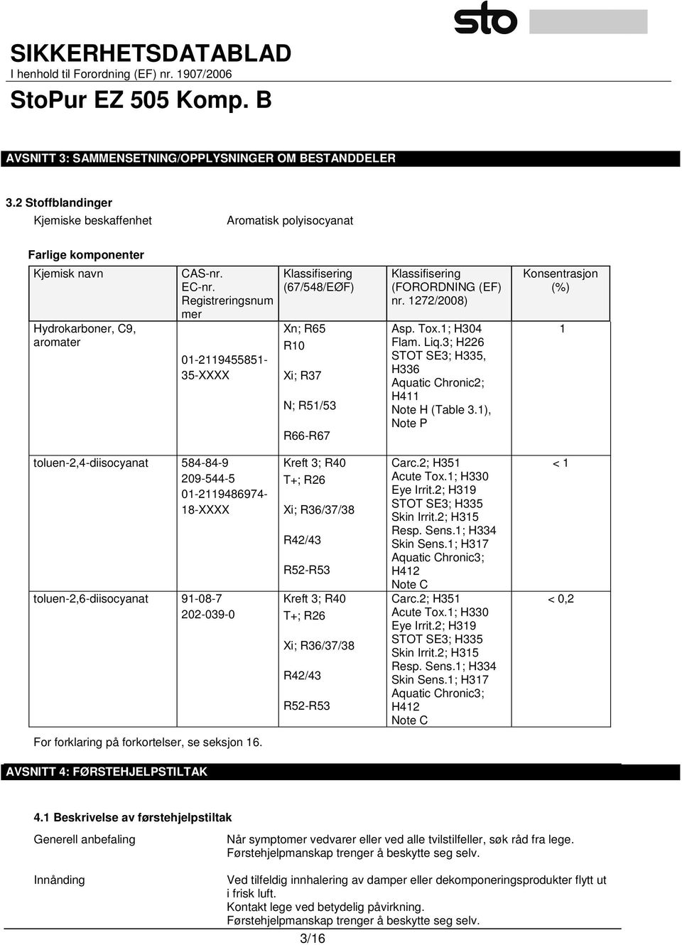 3; H226 STOT SE3; H335, H336 Aquatic Chronic2; H411 Note H (Table 3.