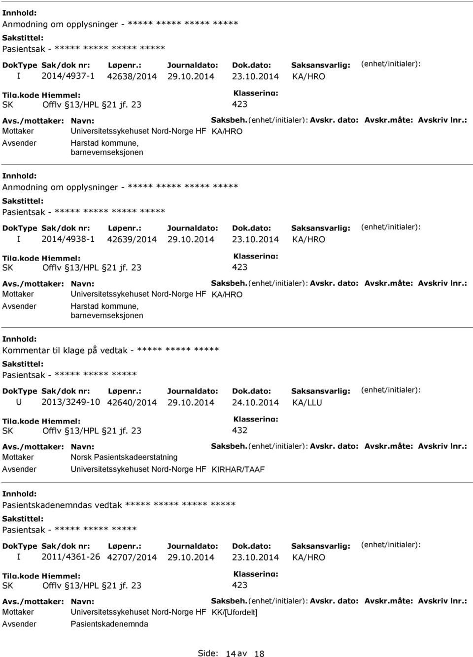 42639/2014 23.10.2014 Avs./mottaker: Navn: Saksbeh. Avskr. dato: Avskr.måte: Avskriv lnr.