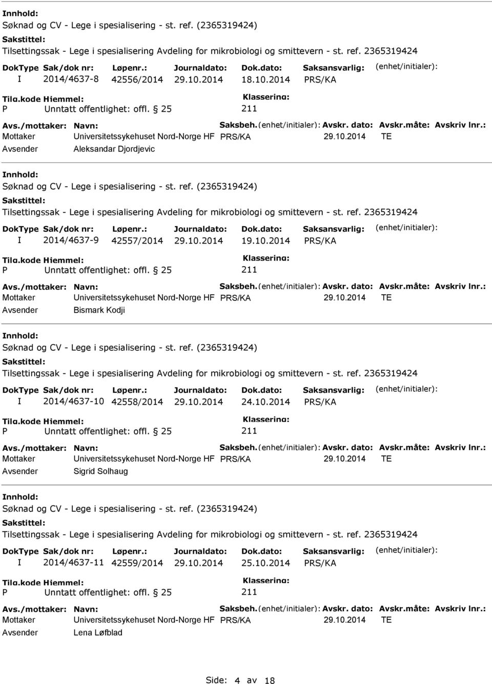 måte: Avskriv lnr.: Mottaker niversitetssykehuset Nord-Norge HF TE Bismark Kodji nnhold: 2014/4637-10 42558/2014 24.10.2014 nntatt offentlighet: offl. 25 Avs./mottaker: Navn: Saksbeh. Avskr. dato: Avskr.