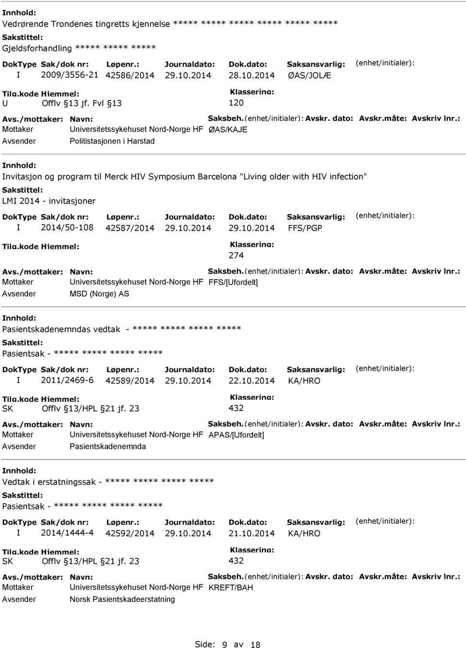 : Mottaker niversitetssykehuset Nord-Norge HF ØAS/KAJE olitistasjonen i Harstad nnhold: nvitasjon og program til Merck HV Symposium Barcelona "Living older with HV infection" LM 2014 - invitasjoner