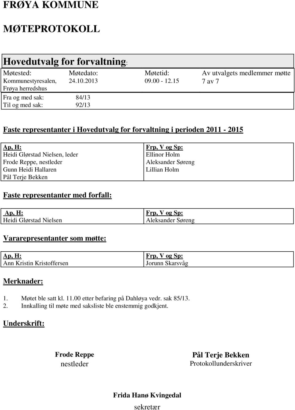 Terje Bekken Frp, V og Sp: Ellinor Holm Aleksander Søreng Lillian Holm Faste representanter med forfall: Ap, H: Heidi Glørstad Nielsen Frp, V og Sp: Aleksander Søreng Vararepresentanter som møtte: