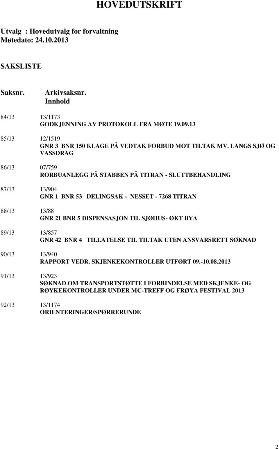 LANGS SJØ OG VASSDRAG 86/13 07/759 RORBUANLEGG PÅ STABBEN PÅ TITRAN - SLUTTBEHANDLING 87/13 13/904 GNR 1 BNR 53 DELINGSAK - NESSET - 7268 TITRAN 88/13 13/88 GNR 21 BNR 5 DISPENSASJON