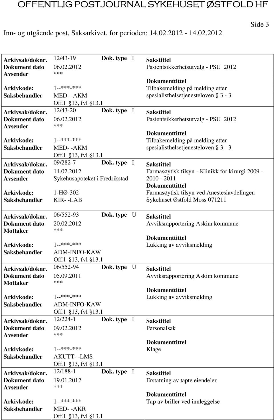 Arkivsak/doknr. 06/552-93 Dok. type U Sakstittel Dokument dato 20.02.2012 Avviksrapportering Askim kommune Arkivsak/doknr. 06/552-94 Dok. type U Sakstittel Dokument dato 05.09.