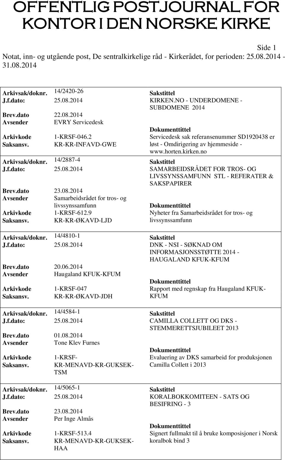 2014 SAMARBEIDSRÅDET FOR TROS- OG LIVSSYNSSAMFUNN STL - REFERATER & SAKSPAPIRER Brev.dato 23.08.2014 Avsender Samarbeidsrådet for tros- og livssynssamfunn Arkivkode 1-KRSF-612.