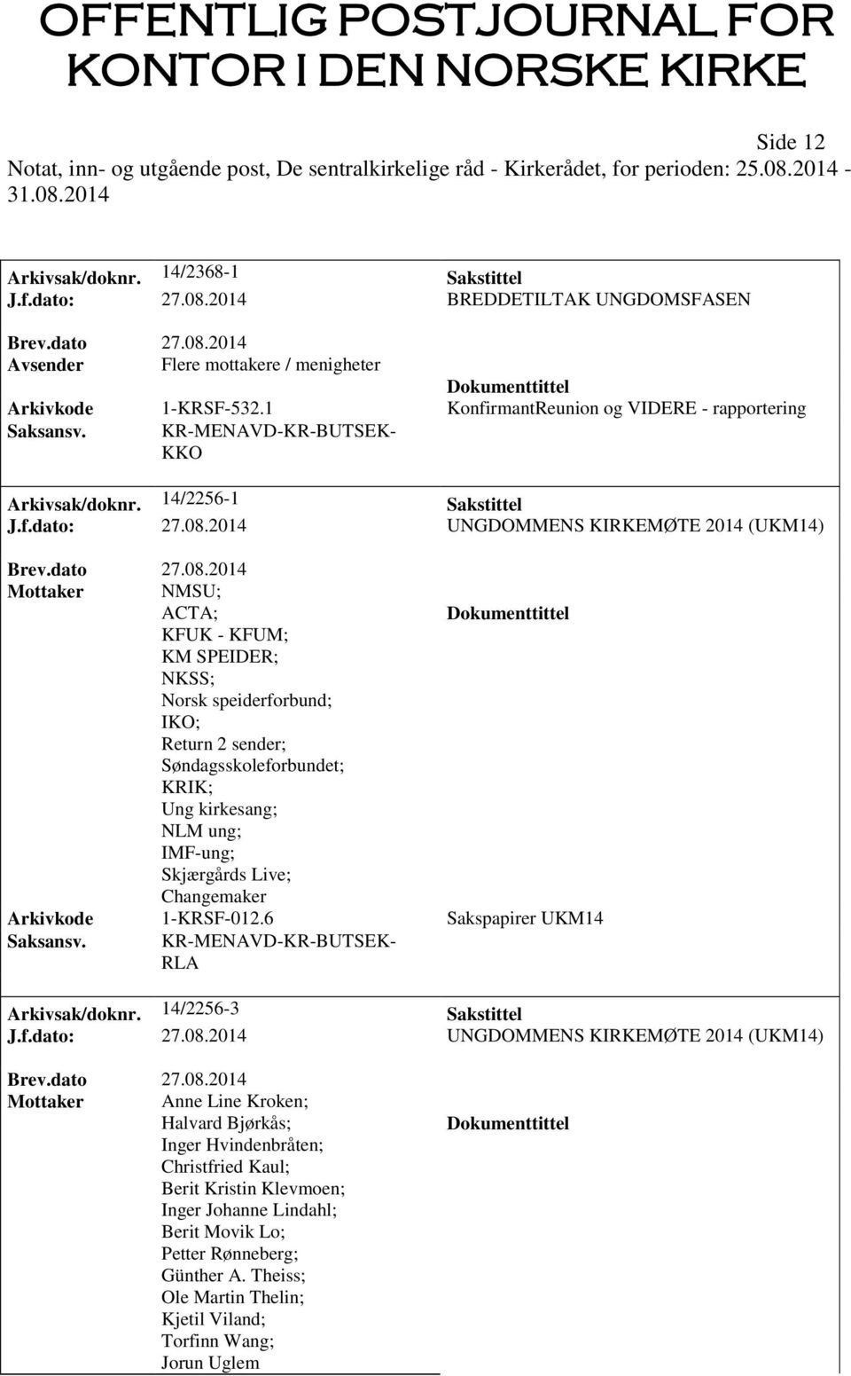 2014 UNGDOMMENS KIRKEMØTE 2014 (UKM14) Mottaker NMSU; ACTA; KFUK - KFUM; KM SPEIDER; NKSS; Norsk speiderforbund; IKO; Return 2 sender; Søndagsskoleforbundet; KRIK; Ung kirkesang; NLM ung; IMF-ung;