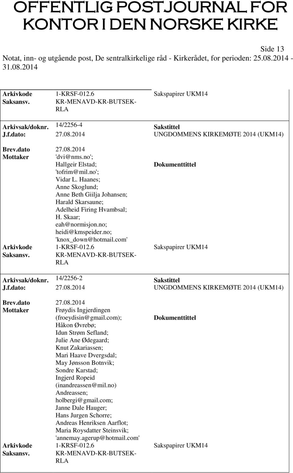 com' Arkivkode 1-KRSF-012.6 Sakspapirer UKM14 RLA Arkivsak/doknr. 14/2256-2 Sakstittel J.f.dato: 27.08.2014 UNGDOMMENS KIRKEMØTE 2014 (UKM14) Mottaker Frøydis Ingjerdingen (froeydisin@gmail.
