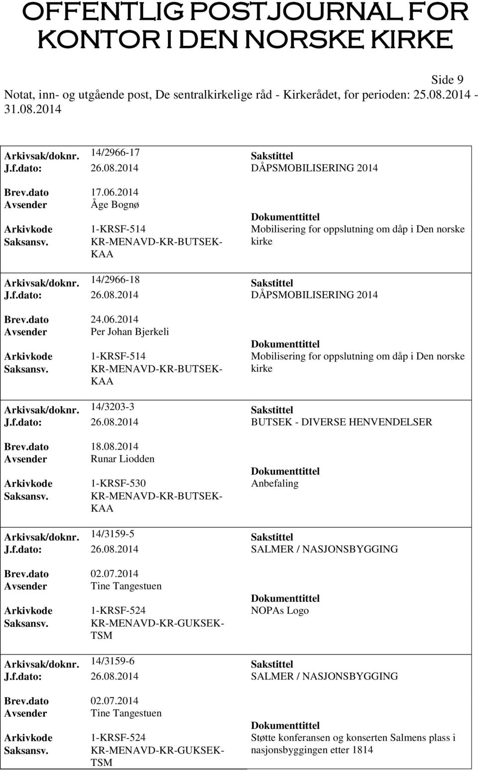 06.2014 Avsender Per Johan Bjerkeli Arkivkode 1-KRSF-514 Mobilisering for oppslutning om dåp i Den norske KAA kirke Arkivsak/doknr. 14/3203-3 Sakstittel J.f.dato: 26.08.