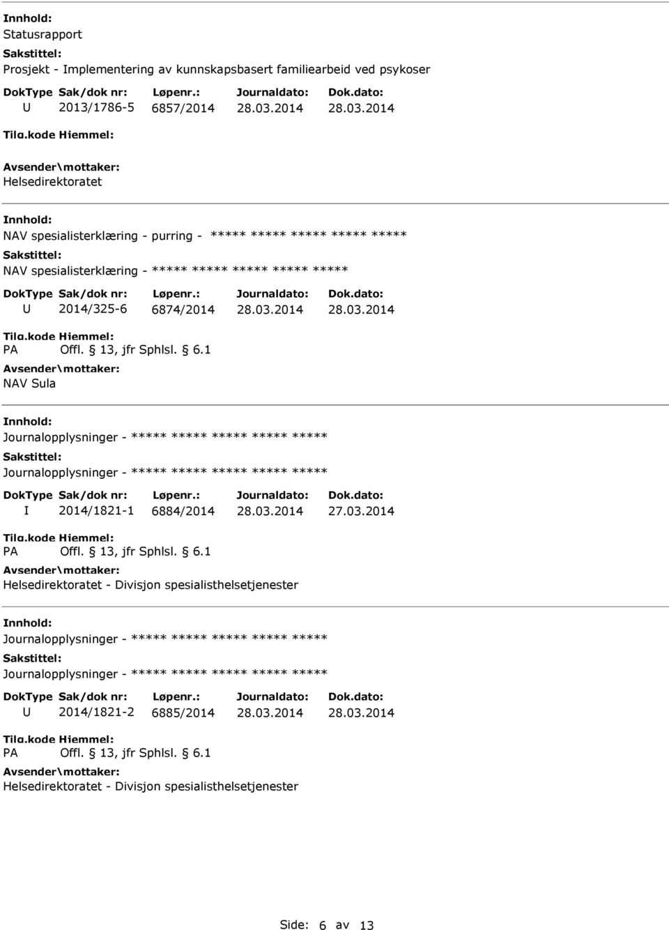 Journalopplysninger - Journalopplysninger - 2014/1821-1 6884/2014 Helsedirektoratet - Divisjon