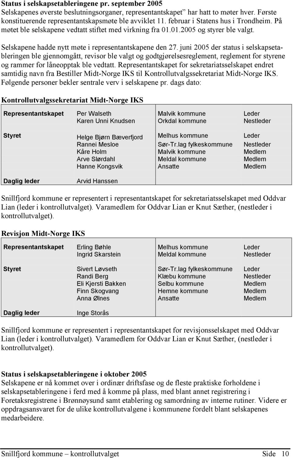 juni 2005 der status i selskapsetableringen ble gjennomgått, revisor ble valgt og godtgjørelsesreglement, reglement for styrene og rammer for låneopptak ble vedtatt.