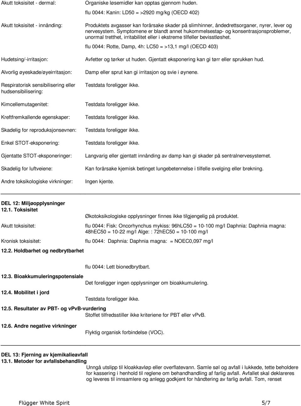 opptas gjennom huden flu 0044: Kanin: LD50 = >2920 mg/kg (OECD 402) Produktets avgasser kan forårsake skader på slimhinner, åndedrettsorganer, nyrer, lever og nervesystem Symptomene er blandt annet