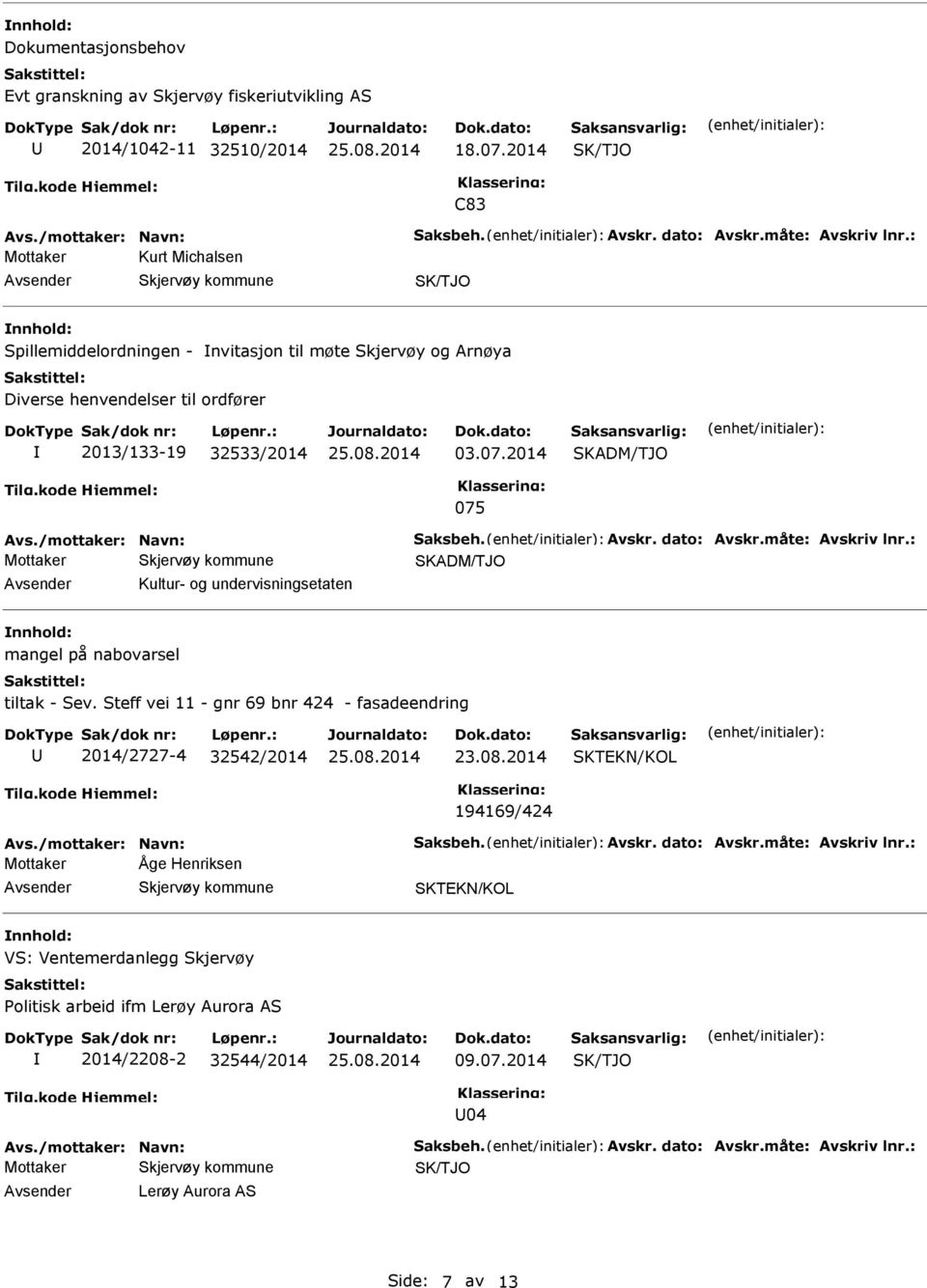 dato: Avskr.måte: Avskriv lnr.: SKADM/TJO Kultur- og undervisningsetaten mangel på nabovarsel tiltak - Sev. Steff vei 11 - gnr 69 bnr 424 - fasadeendring 2014/2727-4 32542/2014 23.08.