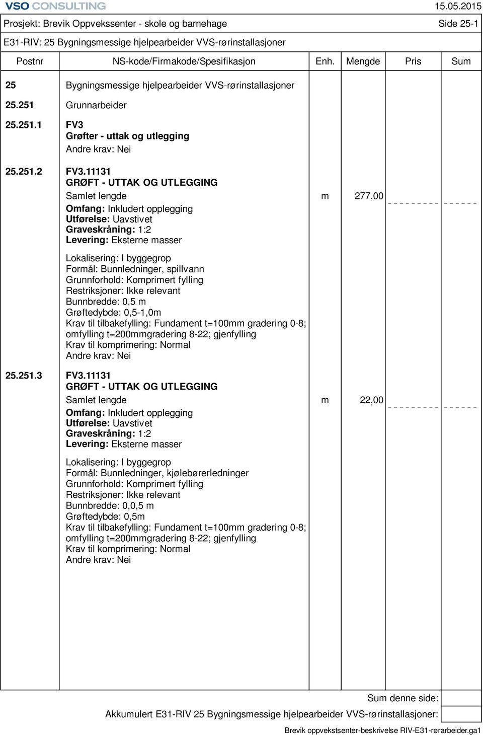 spillvann Grunnforhold: Komprimert fylling Restriksjoner: Ikke relevant Bunnbredde: 0,5 m Grøftedybde: 0,5-1,0m Krav til tilbakefylling: Fundament t=100mm gradering 0-8; omfylling t=200mmgradering