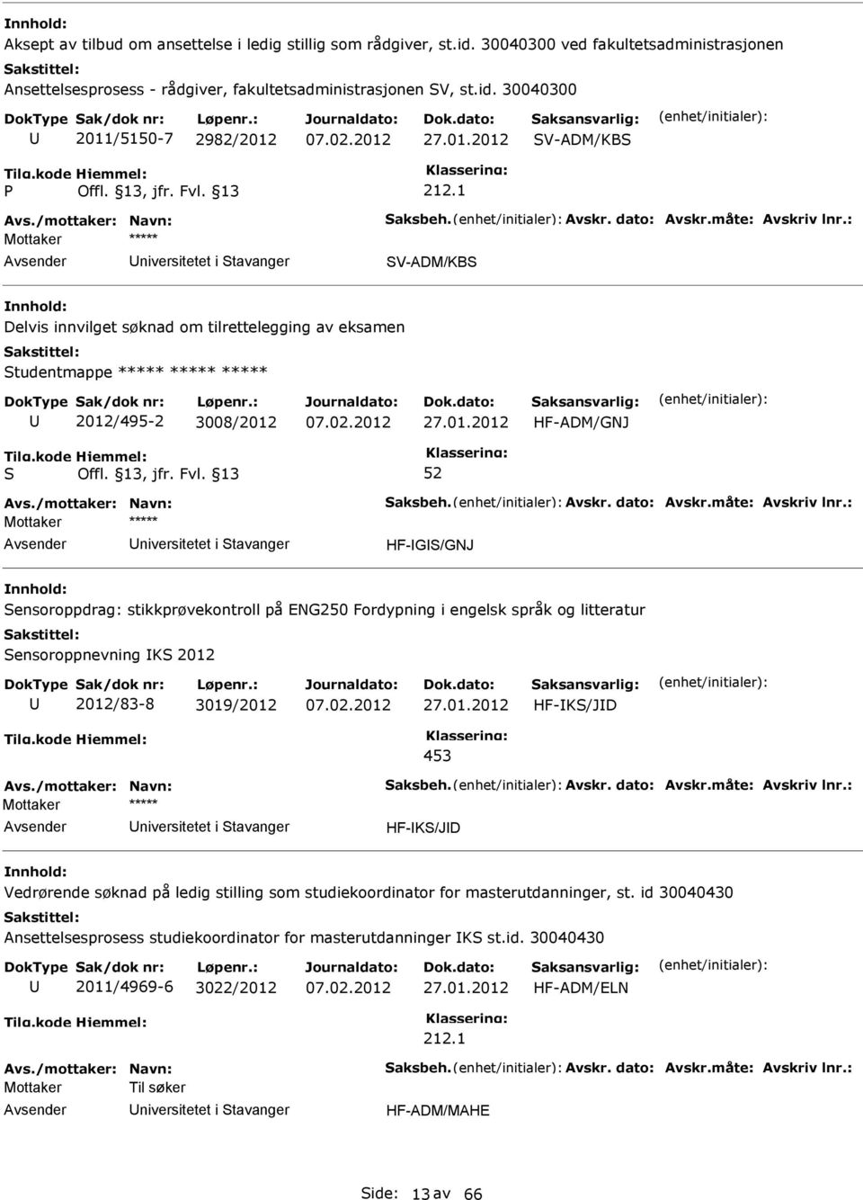 01.2 HF-K/JD 453 niversitetet i tavanger HF-K/JD Vedrørende søknad på ledig stilling som studiekoordinator for masterutdanninger, st.