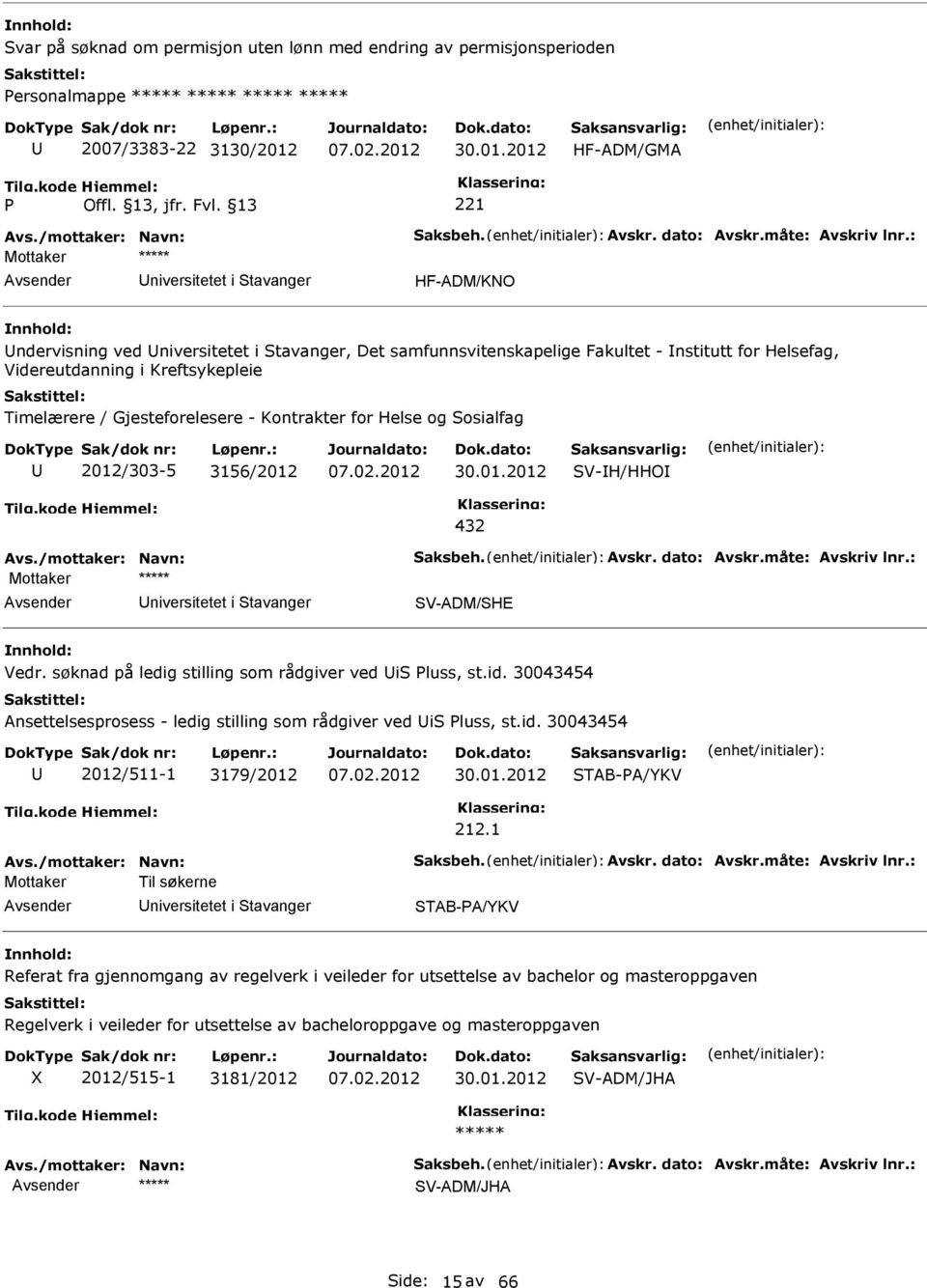 Gjesteforelesere - Kontrakter for Helse og osialfag 2/303-5 3156/2 30.01.2 V-H/HHO 432 niversitetet i tavanger V-ADM/HE Vedr. søknad på ledig stilling som rådgiver ved i luss, st.id.