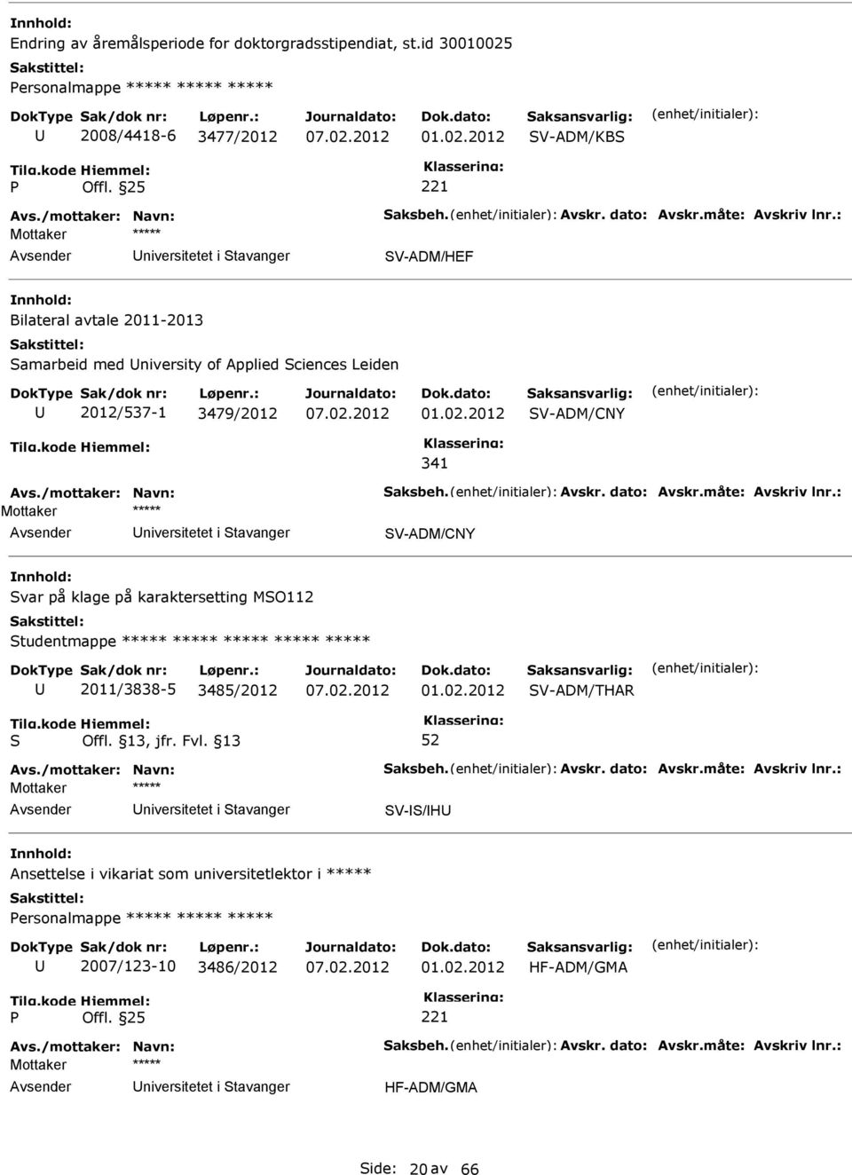 2 V-ADM/CNY 341 Mottaker niversitetet i tavanger V-ADM/CNY var på klage på karaktersetting MO112 tudentmappe 2011/3838-5 3485/2 01.02.