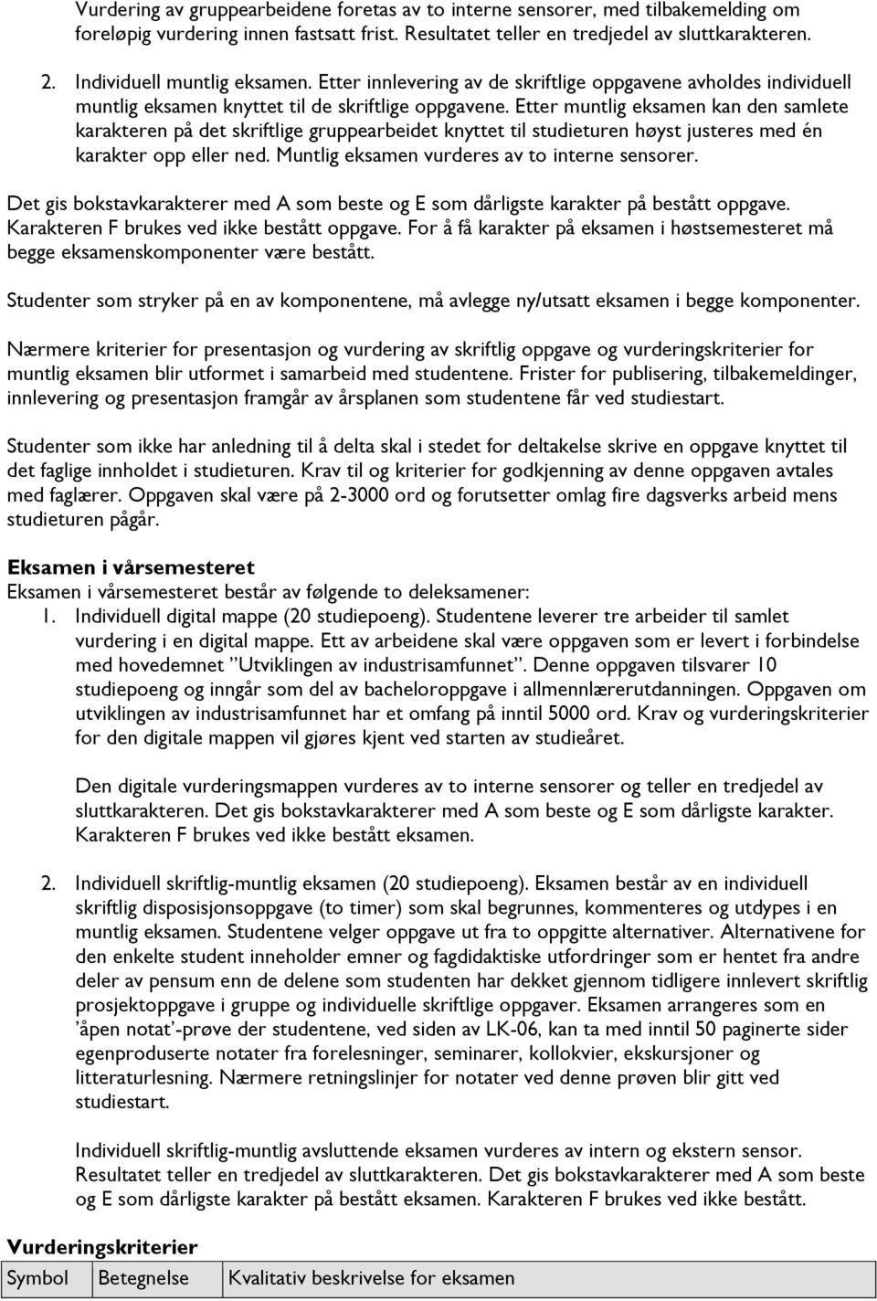 Etter muntlig eksamen kan den samlete karakteren på det skriftlige gruppearbeidet knyttet til studieturen høyst justeres med én karakter opp eller ned. Muntlig eksamen vurderes av to interne sensorer.