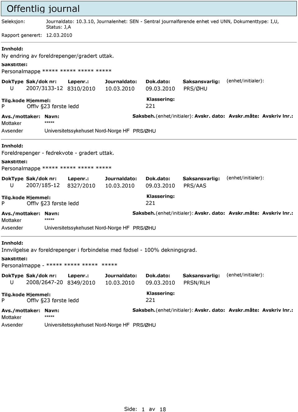 Personalmappe ***** ***** ***** ***** 2007/3133-12 8310/2010 PRS/ØH P Offlv 23 første ledd 221 niversitetssykehuset Nord-Norge HF PRS/ØH Foreldrepenger - fedrekvote - gradert uttak.