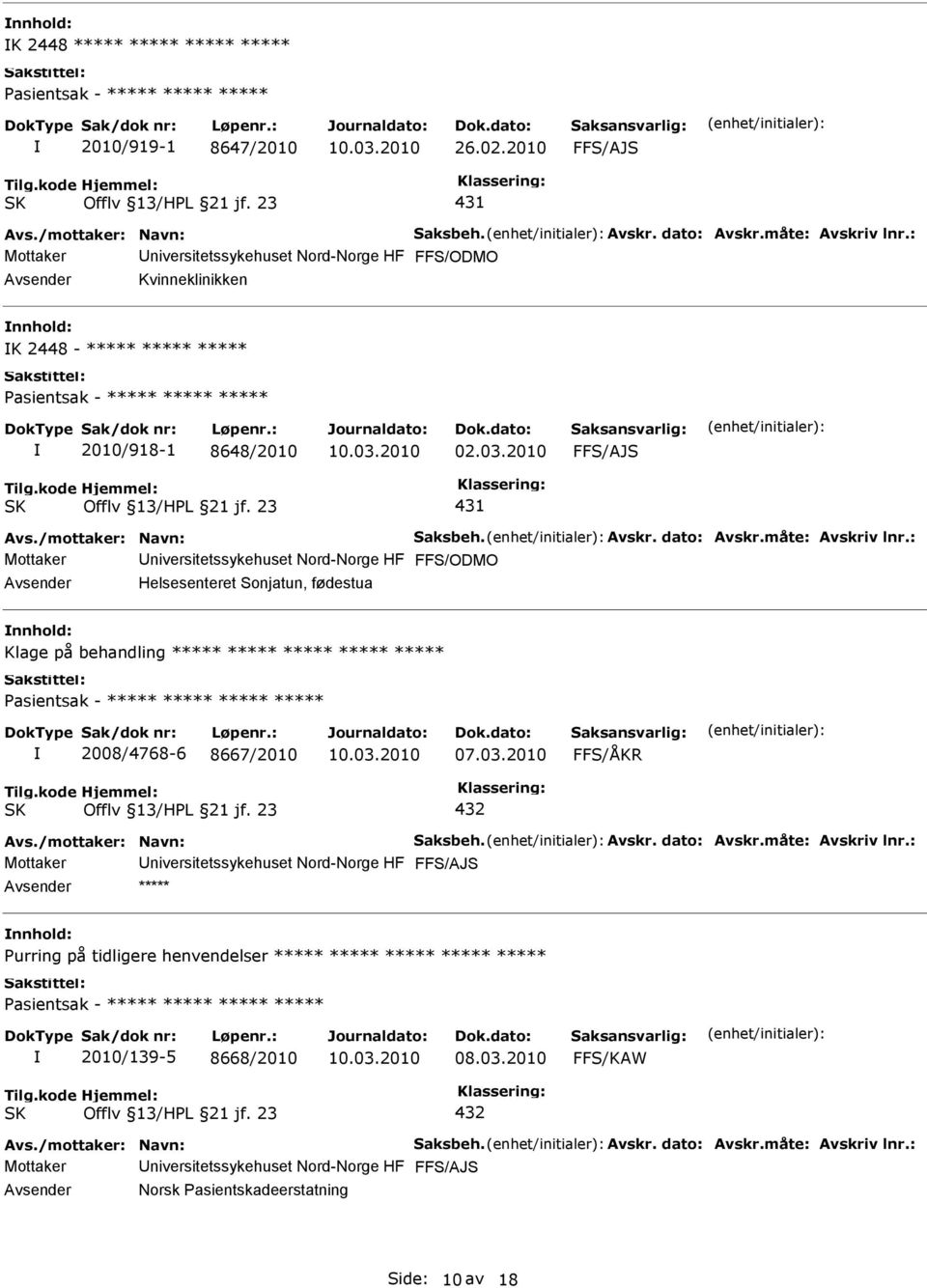 2010 431 Mottaker niversitetssykehuset Nord-Norge HF FFS/ODMO Helsesenteret Sonjatun, fødestua Klage på behandling ***** ***** ***** ***** *****