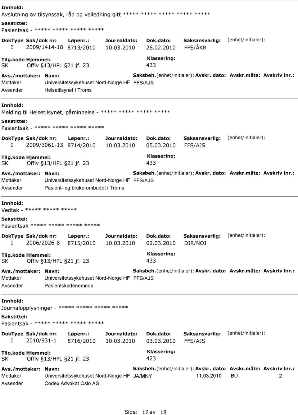 2010 433 Mottaker niversitetssykehuset Nord-Norge HF Pasient- og brukerombudet i Troms Vedtak - ***** ***** ***** Pasientsak ***** ***** ***** ***** 2006/2026-8 8715/2010 02.03.
