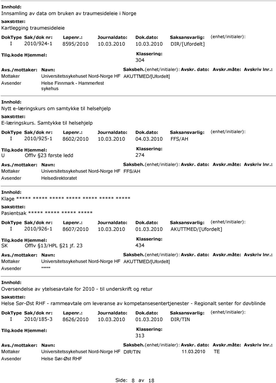 Samtykke til helsehjelp 2010/925-1 8602/2010 FFS/AH Offlv 23 første ledd 274 Mottaker niversitetssykehuset Nord-Norge HF FFS/AH Helsedirektoratet Klage ***** ***** ***** ***** ***** ***** *****