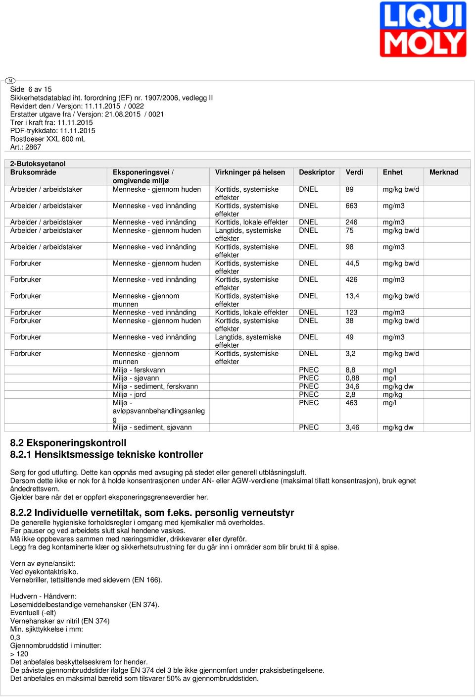 arbeidstaker Menneske - gjennom huden Langtids, systemiske DNEL 75 mg/kg bw/d Arbeider / arbeidstaker Menneske - ved innånding Korttids, systemiske DNEL 98 mg/m3 Forbruker Menneske - gjennom huden