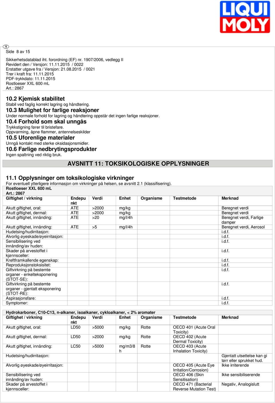 AVSNITT 11: TOKSIKOLOGISKE OPPLYSNINGER 11.1 Opplysninger om toksikologiske virkninger For eventuell ytterligere informasjon om virkninger på helsen, se avsnitt 2.1 (klassifisering).