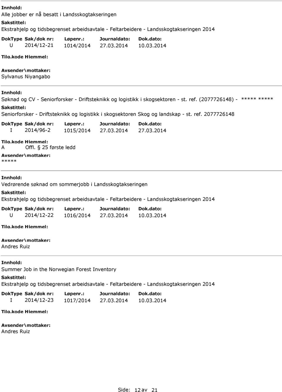 (2077726148) - ***** ***** Seniorforsker - Driftsteknikk og logistikk i skogsektoren Skog og landskap - st. ref. 2077726148 A 2014/96-2 1015/2014 Offl.