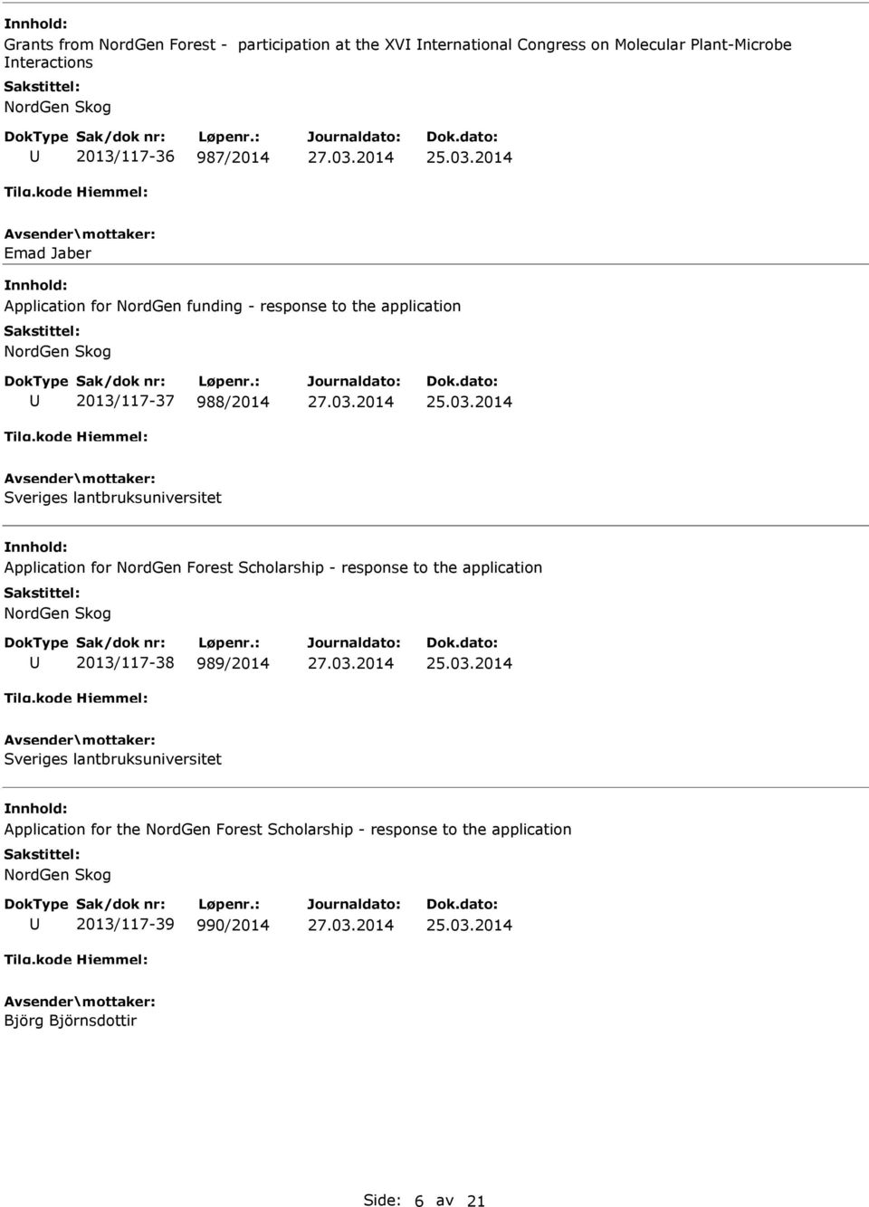 lantbruksuniversitet Application for NordGen Forest Scholarship - response to the application NordGen Skog 2013/117-38 989/2014 Sveriges