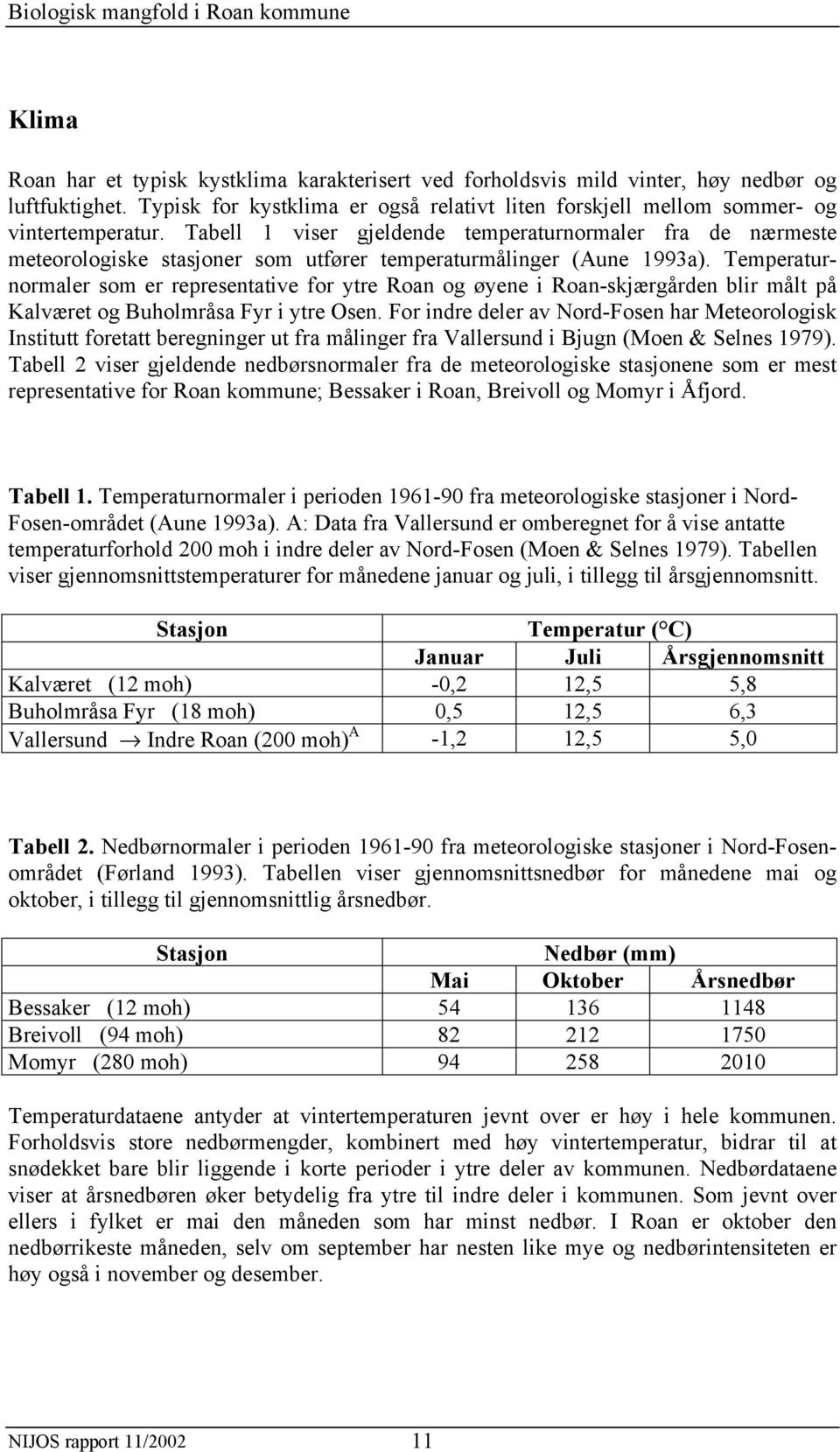 Temperaturnormaler som er representative for ytre Roan og øyene i Roan-skjærgården blir målt på Kalværet og Buholmråsa Fyr i ytre Osen.