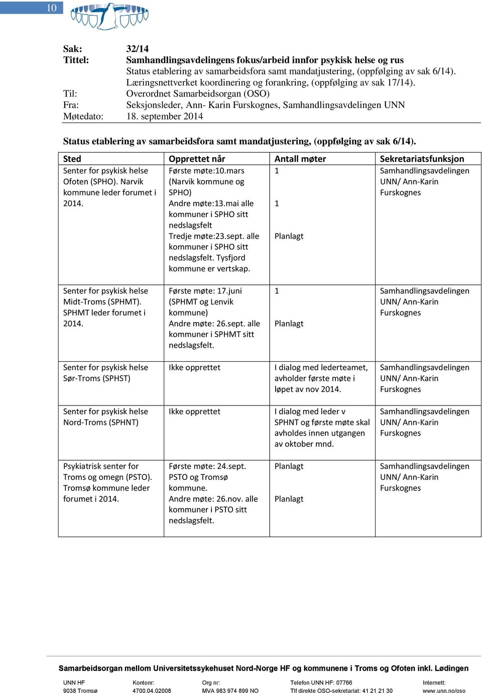 Fra: Seksjnsleder, Ann- Karin Furskgnes, Samhandlingsavdelingen UNN Status etablering av samarbeidsfra samt mandatjustering, (ppfølging av sak 6/14).