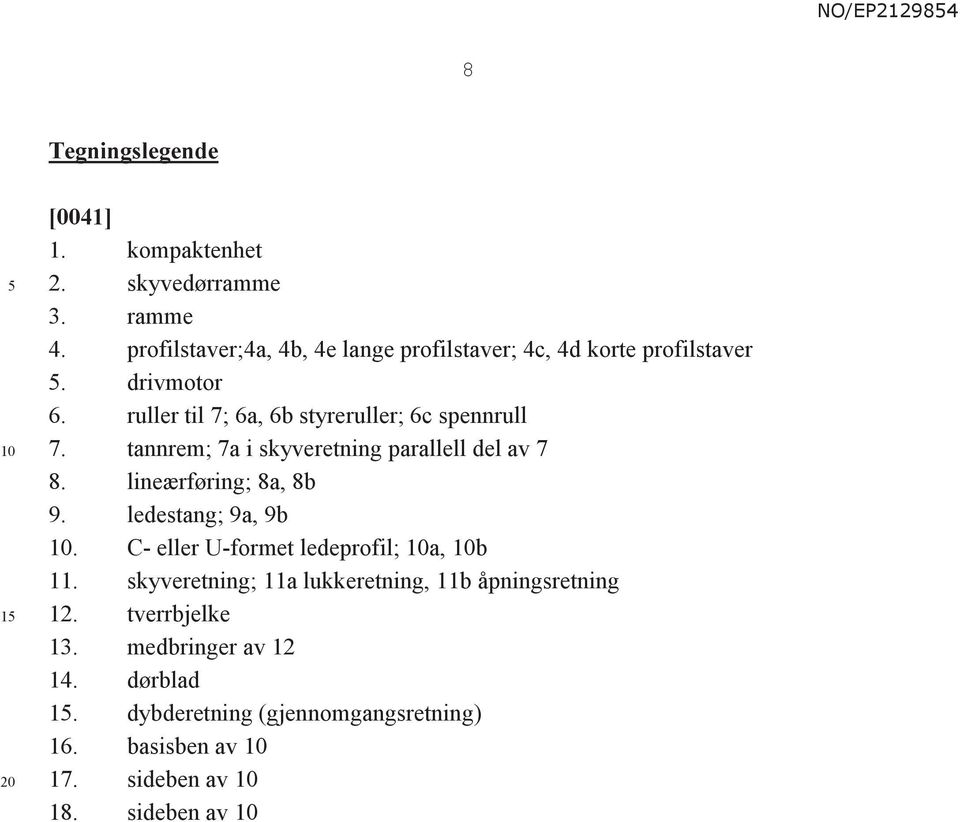 ruller til 7; 6a, 6b styreruller; 6c spennrull 7. tannrem; 7a i skyveretning parallell del av 7 8. lineærføring; 8a, 8b 9.