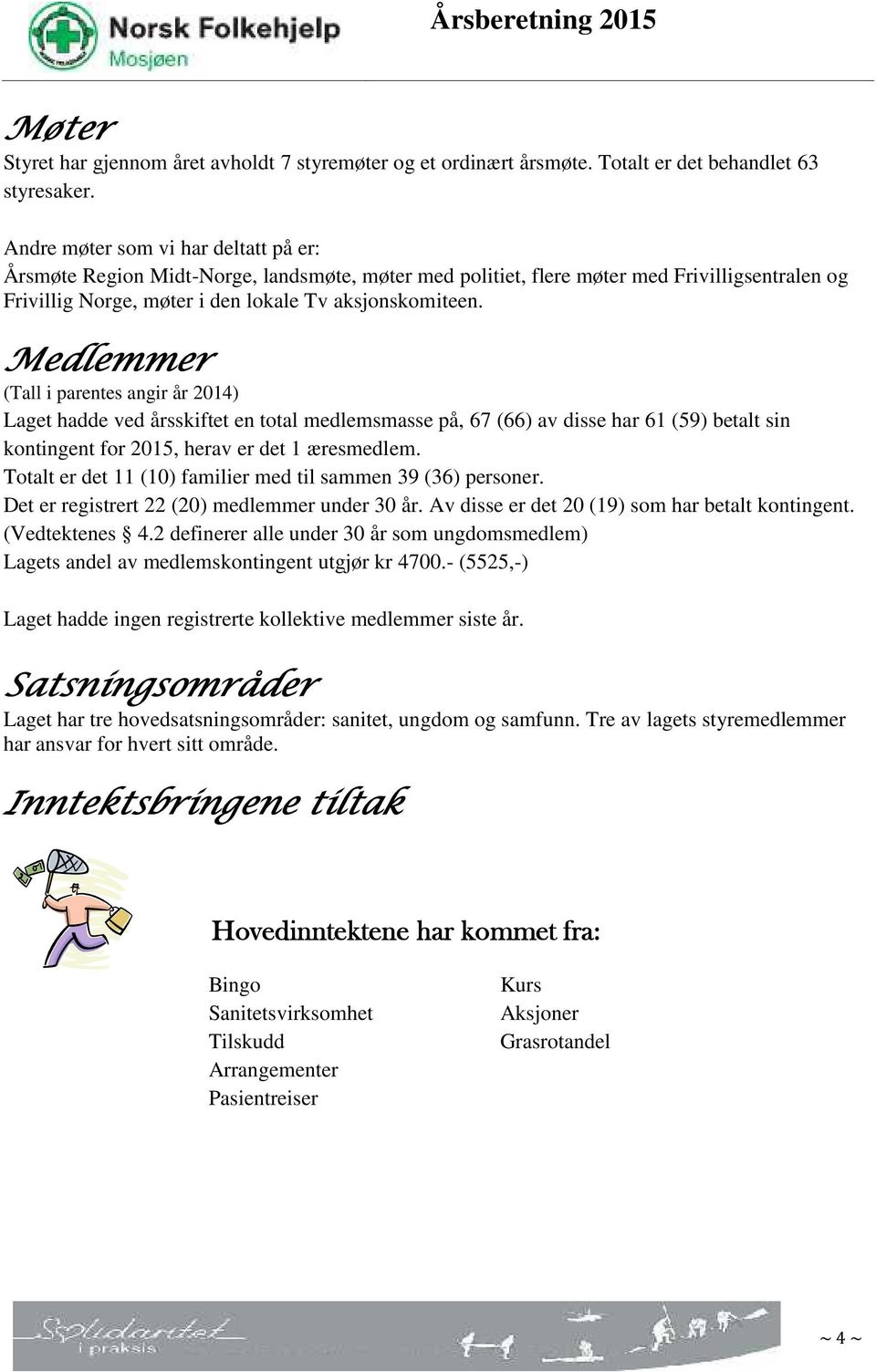 Medlemmer (Tall i parentes angir år 2014) Laget hadde ved årsskiftet en total medlemsmasse på, 67 (66) av disse har 61 (59) betalt sin kontingent for 2015, herav er det 1 æresmedlem.