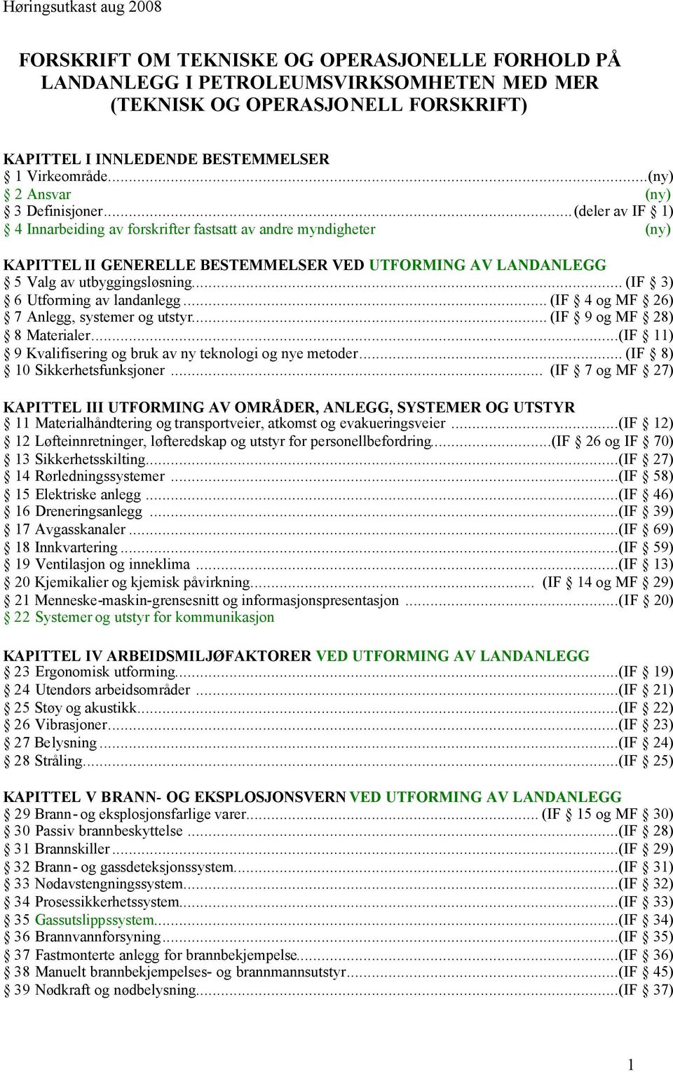 ..(deler av IF 1) 4 Innarbeiding av forskrifter fastsatt av andre myndigheter (ny) KAPITTEL II GENERELLE BESTEMMELSER VED UTFORMING AV LANDANLEGG 5 Valg av utbyggingsløsning.